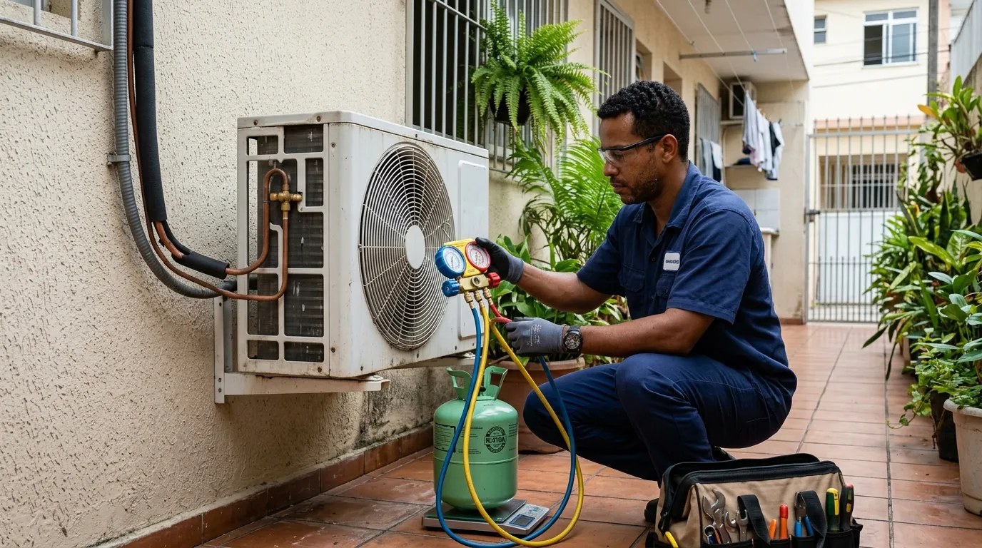 Técnico fazendo carga de gás na condensadora do ar-condicionado em Vitória‑ES