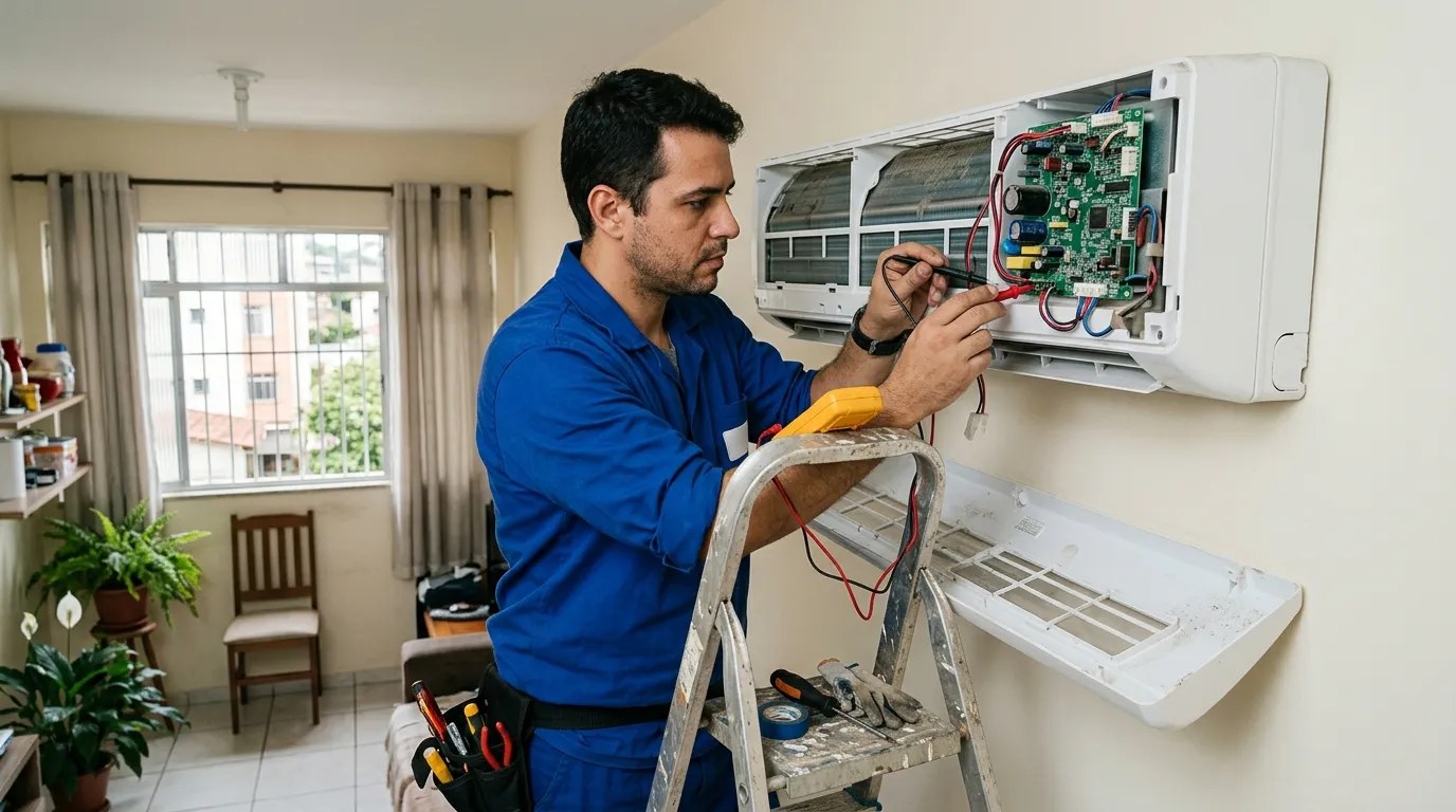 Técnico trocando a placa eletrônica de ar-condicionado split em Vitória‑ES