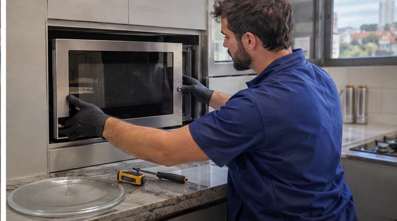 Conserto de micro-ondas de embutir em Vitória‑ES: técnico encaixando o aparelho no armário