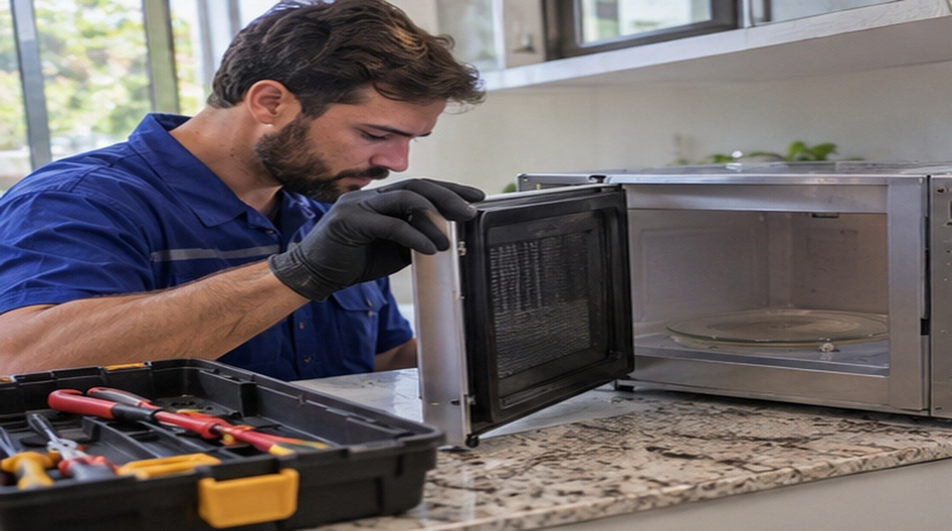 Conserto de micro-ondas em Vitória‑ES: técnico abrindo um micro-ondas de bancada