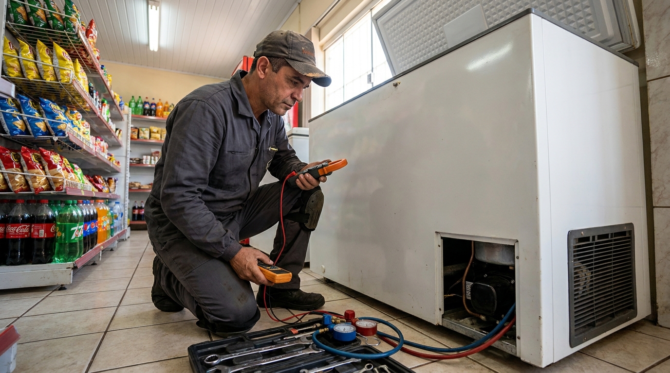 Reparo da placa eletrônica de um freezer em atendimento na Consolação, Vitória‑ES