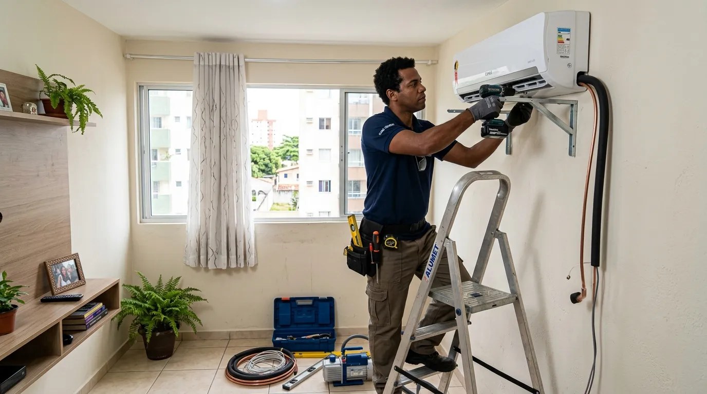 Técnico instalando ar-condicionado split em residência em Vitória‑ES