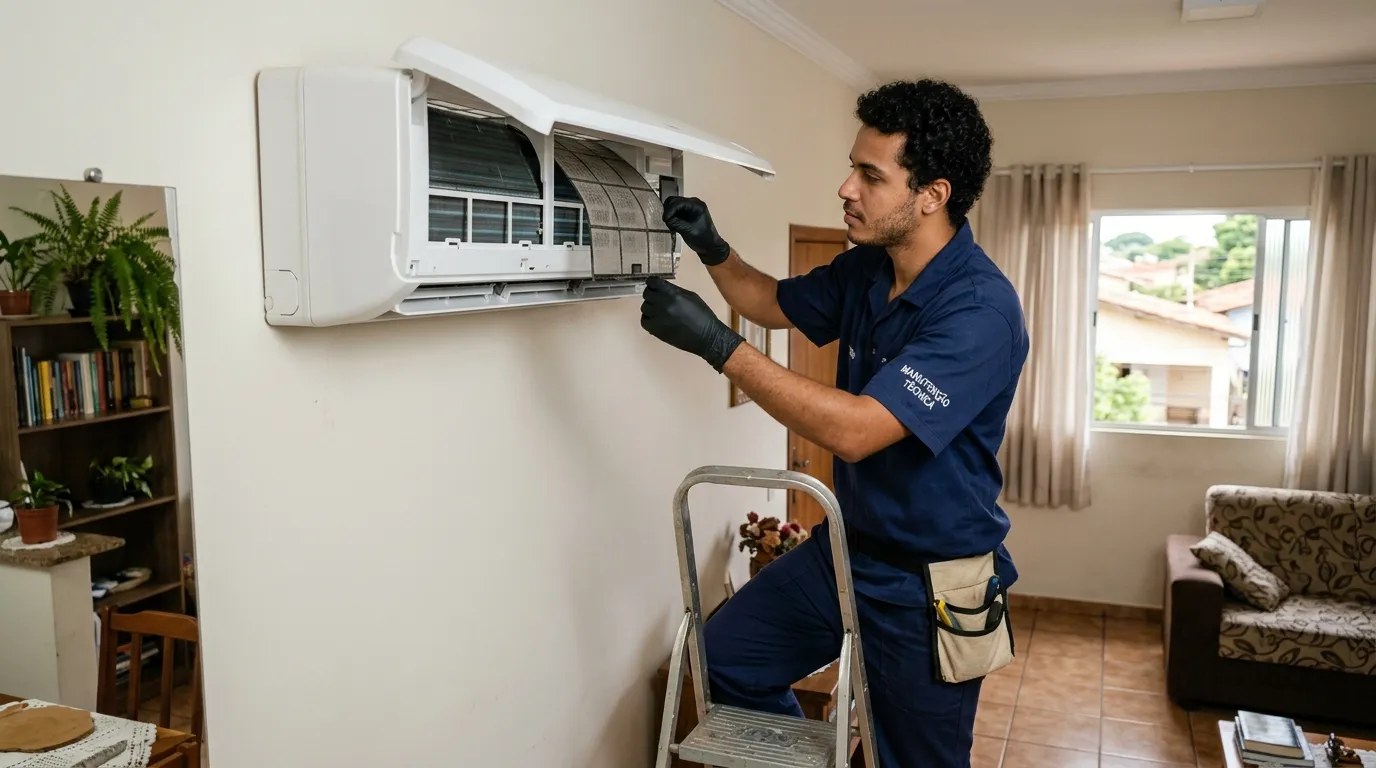 Técnico fazendo limpeza e higienização de ar-condicionado split em Vitória‑ES