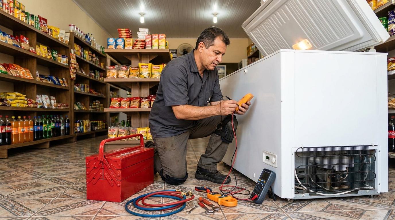 Manômetro conectado ao circuito durante recarga de gás de freezer na Consolação, Vitória‑ES