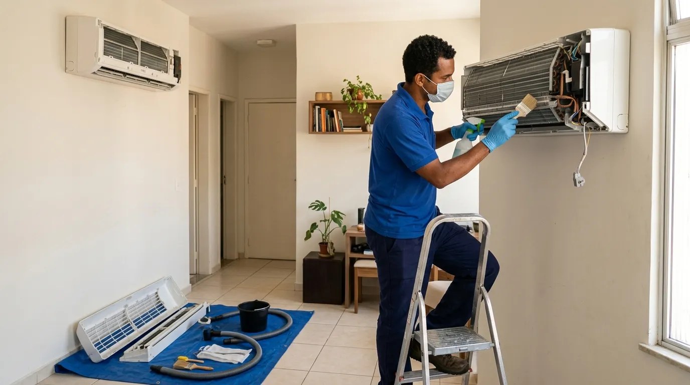 Técnico fazendo manutenção de ar-condicionado split em Vitória‑ES