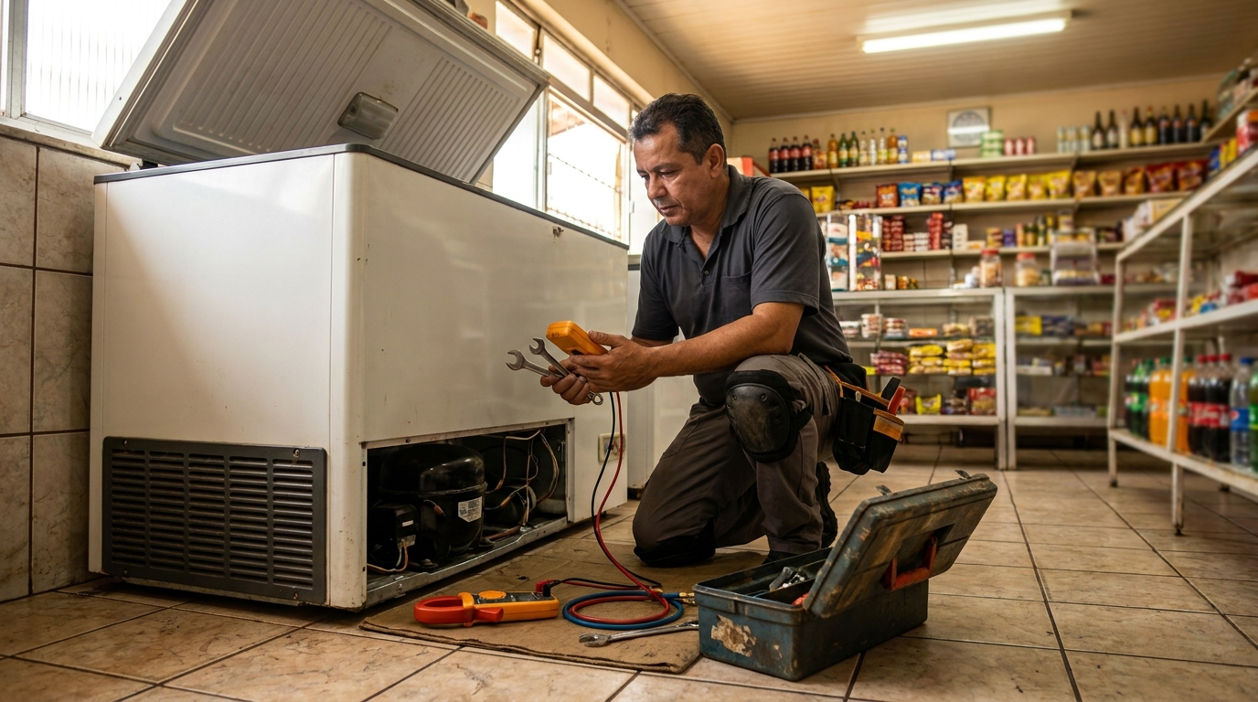 Técnico avaliando um freezer vertical durante atendimento na Consolação, Vitória‑ES