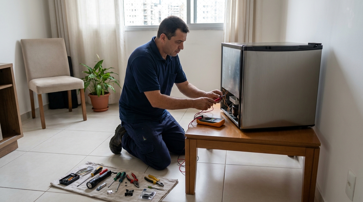 Técnico avaliando um frigobar compacto durante atendimento no Tabuazeiro, Vitória‑ES